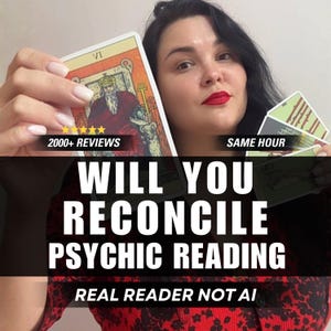 May include: A set of tarot cards featuring the Emperor card with Roman numeral VI, held alongside text that reads 2000+ REVIEWS, SAME HOUR, WILL YOU RECONCILE PSYCHIC READING, and REAL READER NOT AI, set against a red and black floral patterned garment.