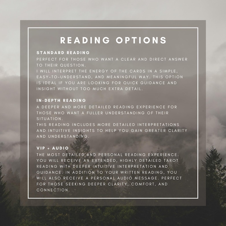 May include: A digital graphic with the text "READING OPTIONS" in a white frame. The text describes three reading options: Standard, In-Depth, and VIP + Audio, offering varying levels of detail and insight for tarot readings.