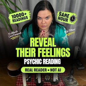 May include: A person in a teal shirt with white embroidery, positioned behind a table with candles and tarot cards. Text overlays include 10000+ READINGS, SAME HOUR, 12-Month Love Forecast, No Filters, REVEAL THEIR FEELINGS PSYCHIC READING, and REAL READER &bull; NOT AI.