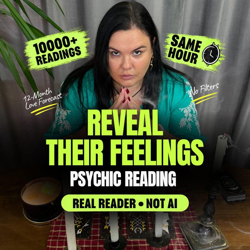 May include: A person in a teal shirt with white embroidery, positioned behind a table with candles and tarot cards. Text overlays include 10000+ READINGS, SAME HOUR, 12-Month Love Forecast, No Filters, REVEAL THEIR FEELINGS PSYCHIC READING, and REAL READER &bull; NOT AI.