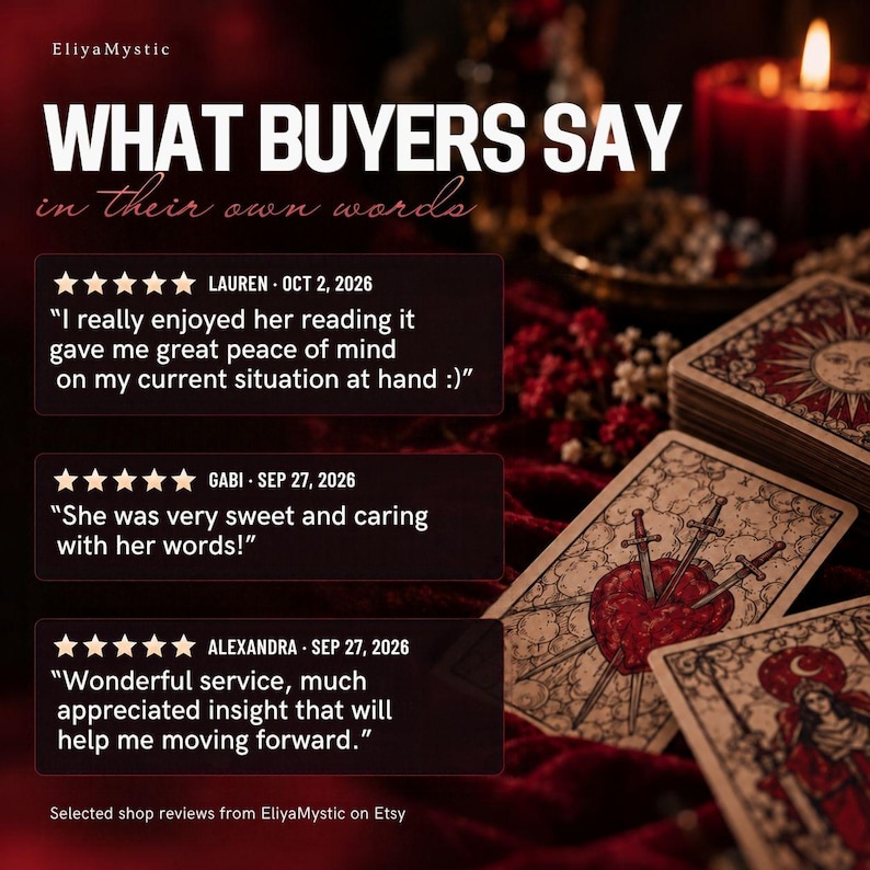 May include: A graphic display titled WHAT BUYERS SAY in their own words featuring three five-star reviews for EliyaMystic. The text includes customer feedback alongside tarot cards on a dark red velvet surface with a lit candle in the background.