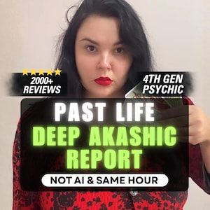 May include: A person with dark hair and red lipstick holding tarot cards. Text overlays read: 2000+ REVIEWS, 4TH GEN PSYCHIC, PAST LIFE DEEP AKASHIC REPORT, and NOT AI & SAME HOUR. The person wears a red and black patterned top with a visible button.