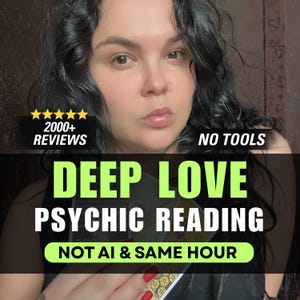 May include: A digital graphic featuring a person holding tarot cards with text that reads 2000+ REVIEWS, NO TOOLS, DEEP LOVE PSYCHIC READING, and NOT AI & SAME HOUR. The text is displayed in white and lime green against a dark background.