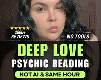 May include: A digital graphic featuring a person holding tarot cards with text that reads 2000+ REVIEWS, NO TOOLS, DEEP LOVE PSYCHIC READING, and NOT AI & SAME HOUR. The text is displayed in white and lime green against a dark background.