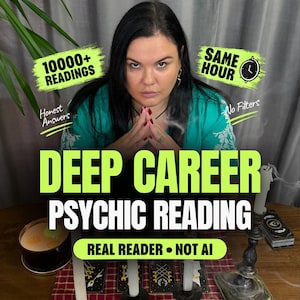 May include: A psychic reading service advertisement featuring text that reads 10000+ READINGS, SAME HOUR, DEEP CAREER PSYCHIC READING, REAL READER • NOT AI, HONEST ANSWERS, and NO FILTERS. The image shows a person with dark hair wearing a green shirt.