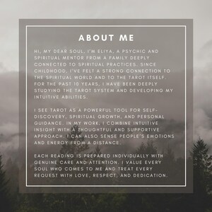 May include: A digital graphic with the text "ABOUT ME" in a white frame. The text describes a psychic and spiritual mentor, Ellya, and her work with tarot, emphasizing intuitive insight and personal guidance. The background features a blurred forest.