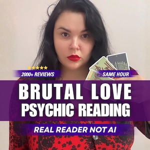 May include: A person with dark hair and red lipstick holding three tarot cards. Text overlay reads: 2000+ REVIEWS, SAME HOUR, BRUTAL LOVE PSYCHIC READING, REAL READER NOT AI. The person wears a red and black patterned top with a visible button.