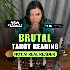 May include: A person in a green top sits behind a table with tarot cards, candles, and a candle holder. Text overlays read 10000+ READINGS, SAME HOUR, BRUTAL TAROT READING, and NOT AI REAL READER. The scene includes a plaid cloth and smoke.
