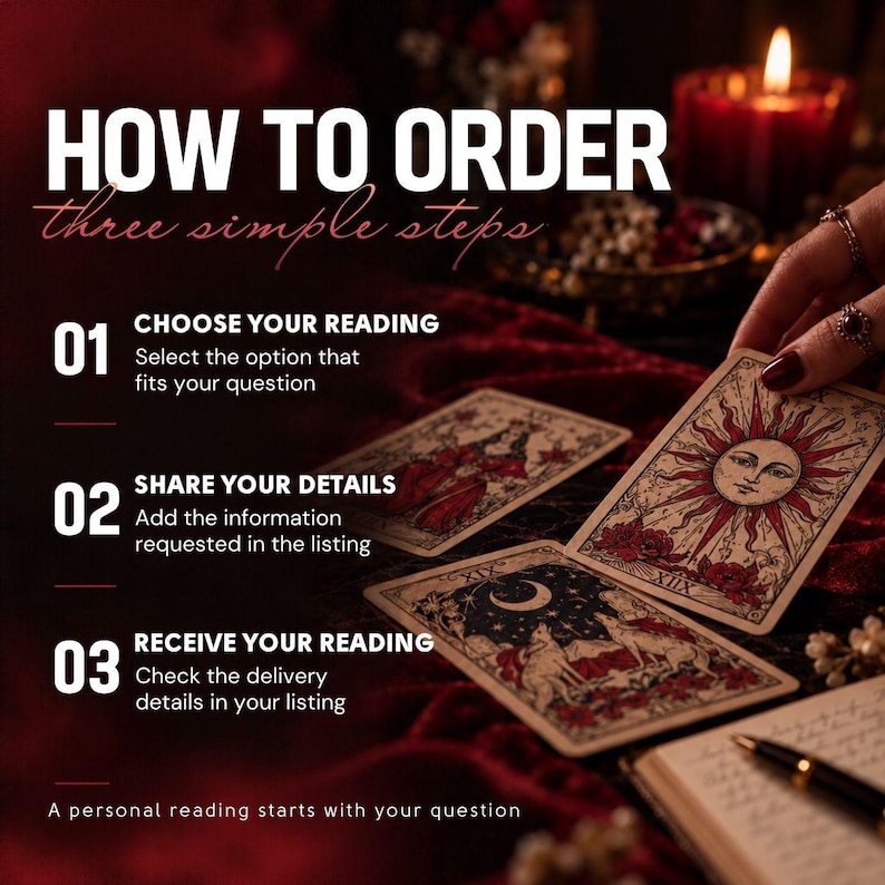 May include: An instructional graphic titled HOW TO ORDER three simple steps, listing three numbered points for choosing a reading, sharing details, and receiving a reading, alongside tarot cards featuring sun and moon imagery on red velvet.