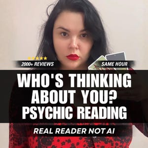 May include: A person with dark hair and red lipstick holding tarot cards. Text overlays read: 2000+ REVIEWS, SAME HOUR, WHO'S THINKING ABOUT YOU? PSYCHIC READING, and REAL READER NOT AI. The person wears a red and black patterned long-sleeve shirt.
