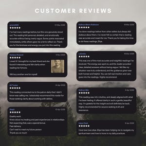 May include: A collection of customer reviews displayed on a dark background. Each review is in a black box with white text, including star ratings, dates, and testimonials about a reader's services. The reviews are positive and mention clarity and insight.