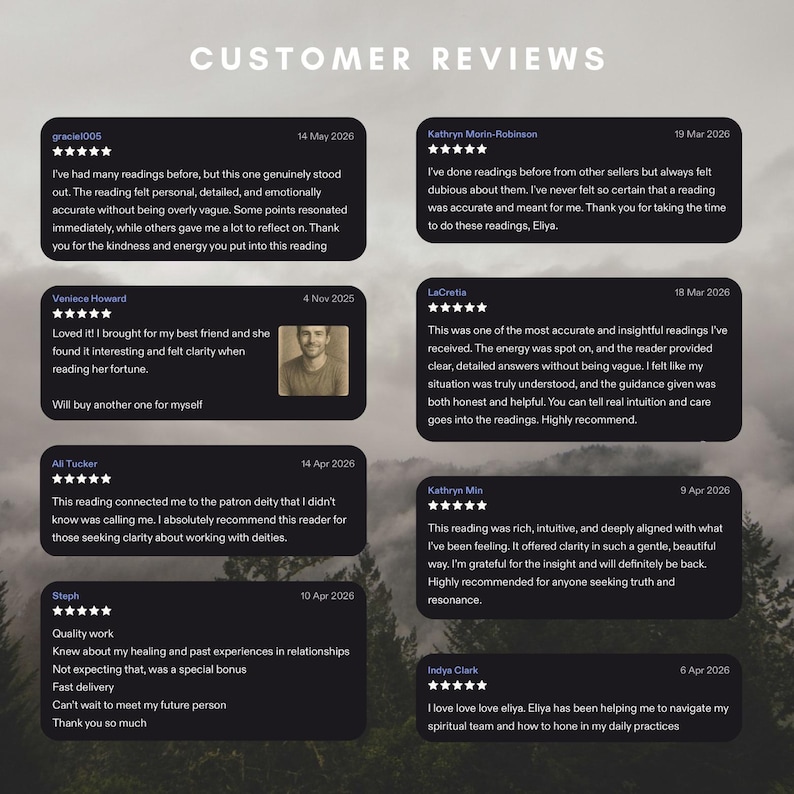 May include: A collection of customer reviews displayed on a dark background. Each review is in a black box with white text, including star ratings, dates, and testimonials about a reader's services. The reviews are positive and mention clarity and insight.