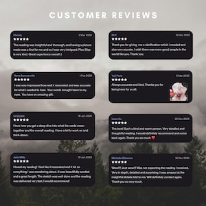 May include: Image of customer reviews with text. Reviews are displayed in black boxes with white text and star ratings. The background is a blurred image of trees. The title "CUSTOMER REVIEWS" is at the top.