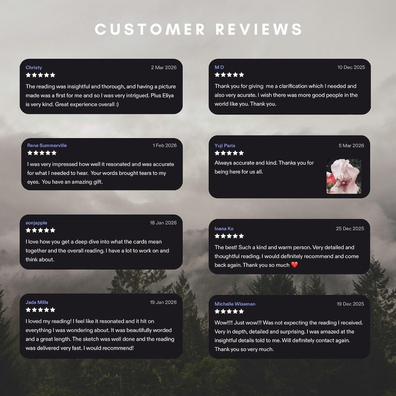 May include: Image of customer reviews with text. Reviews are displayed in black boxes with white text and star ratings. The background is a blurred image of trees. The title "CUSTOMER REVIEWS" is at the top.