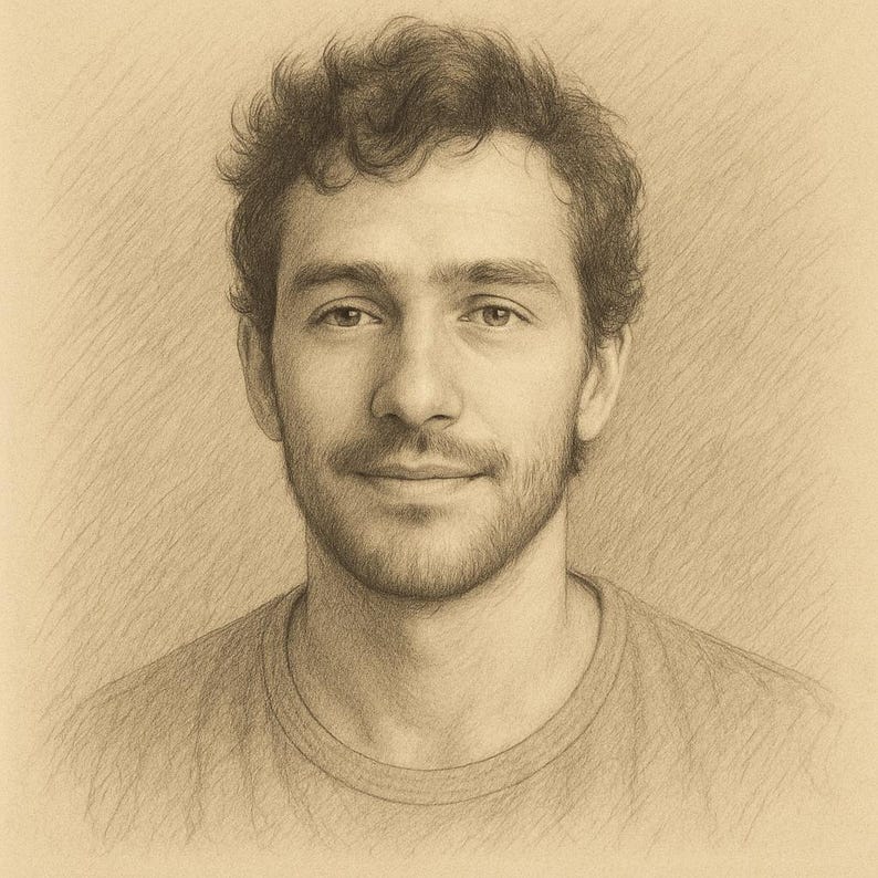 May include: Pencil sketch portrait of a man with curly brown hair and a short beard. The portrait is in sepia tones, with detailed shading and a focus on the subject's face and expression. The man is wearing a crew neck t-shirt.