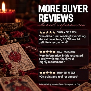 May include: A graphic display titled MORE BUYER REVIEWS shared experiences featuring three five-star customer testimonials. The background shows a lit red candle, red velvet fabric, and tarot cards with a three of swords illustration.