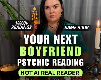 May include: A person in a teal shirt holding a tarot card with nine cups and a moon. Text reads: 10000+ READINGS, SAME HOUR, YOUR NEXT BOYFRIEND PSYCHIC READING, NOT AI REAL READER. Includes candles, a candle holder, and a red plaid cloth on a table.