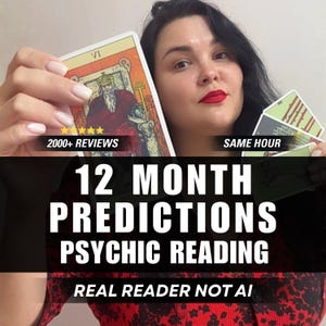 Könnte beinhalten: Ein Set von Tarotkarten mit der prominent gezeigten Karte VI Die Liebenden, zusammen mit dem Text 2000+ REVIEWS, SAME HOUR, 12 MONTH PREDICTIONS PSYCHIC READING und REAL READER NOT AI, dargestellt in einem klaren und informativen Format.