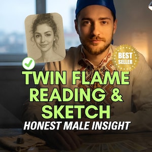 Puede incluir: Imagen que promociona un servicio de "Lectura y boceto de llama gemela". La imagen presenta a un hombre con una camisa bordada tradicional y una gorra azul. El texto incluye "Lectura y boceto de llama gemela" y "Perspicacia masculina honesta."