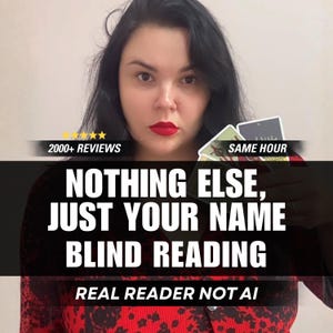 May include: A person wearing a red and black patterned top holding tarot cards. Text overlays read: 2000+ REVIEWS, SAME HOUR, NOTHING ELSE, JUST YOUR NAME BLIND READING, and REAL READER NOT AI. The person has dark hair and red lipstick.