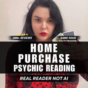 May include: A person with dark hair and red lipstick holding tarot cards. Text overlays read: 2000+ REVIEWS, SAME HOUR, HOME PURCHASE PSYCHIC READING, and REAL READER NOT AI. The person wears a red and black patterned top against a plain background.