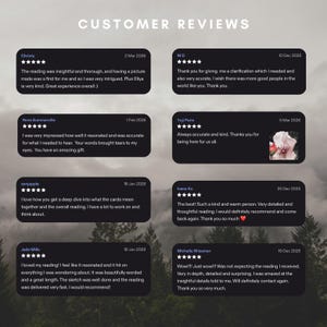 May include: A graphic featuring customer reviews with star ratings and dates. The reviews are in black boxes with white text, set against a blurred forest background. The title "CUSTOMER REVIEWS" is at the top.