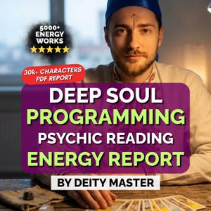 Può includere: Immagine di un uomo con un copricapo blu e un simbolo di freccia sulla fronte. L'immagine presenta il testo "DEEP SOUL PROGRAMMING PSYCHIC READING ENERGY REPORT BY DEITY MASTER". C'è anche il testo "5000+ ENERGY WORKS" e "30k+ CHARACTERS PDF REPORT".