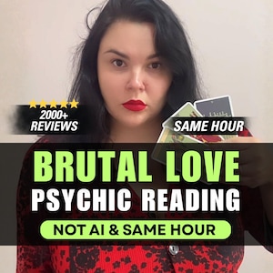 May include: A person with dark hair and red lipstick holding tarot cards. Text overlays read: 2000+ REVIEWS, SAME HOUR, BRUTAL LOVE PSYCHIC READING, NOT AI & SAME HOUR. The person wears a red and black patterned top with a visible button.