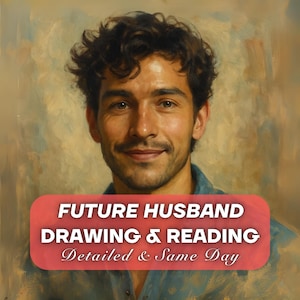 Può includere: Un dipinto di un uomo con i capelli castani e una camicia blu chiaro. Il dipinto ha uno striscione rosso in basso che dice "FUTURE HUSBAND DRAWING & READING Detailed & Same Day"