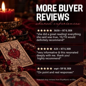 May include: A graphic display titled MORE BUYER REVIEWS shared experiences featuring three five-star customer testimonials. The background shows a lit red candle, red velvet fabric, and tarot cards with a three of swords illustration.