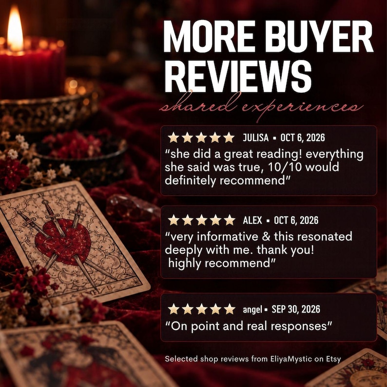 May include: A graphic display titled MORE BUYER REVIEWS shared experiences featuring three five-star customer testimonials. The background shows a lit red candle, red velvet fabric, and tarot cards with a three of swords illustration.