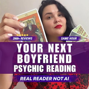 May include: A set of tarot cards featuring the Emperor card with Roman numeral VI, held alongside text that reads 2000+ REVIEWS, SAME HOUR, YOUR NEXT BOYFRIEND PSYCHIC READING, and REAL READER NOT AI, displayed against a red and black patterned garment.