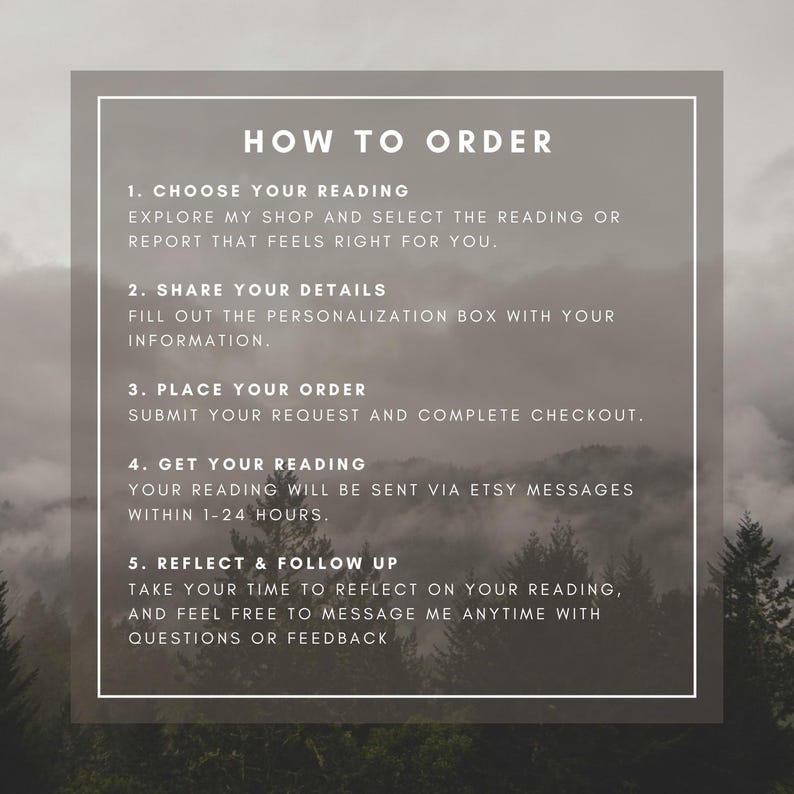 May include: A square graphic with the text "HOW TO ORDER" in a white frame, set against a blurred forest backdrop. The text details the steps to order a reading, including choosing a reading, sharing details, placing an order, and receiving the reading within 1-24 hours.