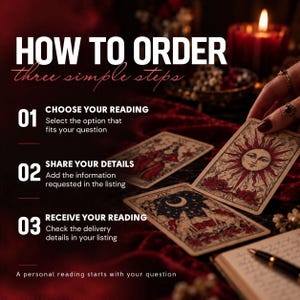May include: An instructional graphic titled HOW TO ORDER three simple steps, listing three numbered points for choosing a reading, sharing details, and receiving a reading, alongside tarot cards featuring sun and moon imagery on red velvet.
