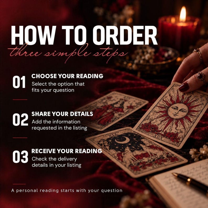 May include: An instructional graphic titled HOW TO ORDER three simple steps, listing three numbered points for choosing a reading, sharing details, and receiving a reading, alongside tarot cards featuring sun and moon imagery on red velvet.