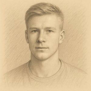 May include: Pencil sketch portrait of a fair-skinned person with short, light-colored hair and a neutral expression. The person is wearing a light-colored crew neck t-shirt. The drawing is done in a realistic style.