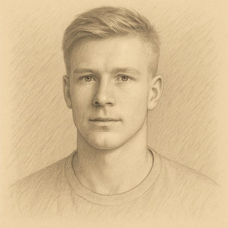 May include: Pencil sketch portrait of a fair-skinned person with short, light-colored hair and a neutral expression. The person is wearing a light-colored crew neck t-shirt. The drawing is done in a realistic style.