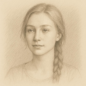 May include: Pencil drawing of a young person with light skin, looking towards the viewer. The person has long hair styled in a braid. The drawing is in shades of brown and beige, with soft shading and fine details.