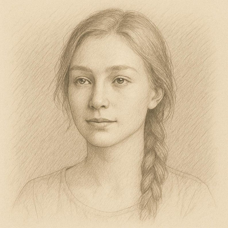 May include: Pencil drawing of a young person with light skin, looking towards the viewer. The person has long hair styled in a braid. The drawing is in shades of brown and beige, with soft shading and fine details.