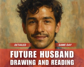 May include: An oil painting portrait of a person with dark curly hair, brown eyes, and a light beard. A red banner overlays the lower portion with white text reading: DETAILED SAME DAY FUTURE HUSBAND DRAWING AND READING.