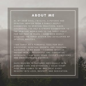 May include: A digital graphic with the text "ABOUT ME" in a white frame. The text describes a psychic and spiritual mentor, Ellya, and her work with tarot, emphasizing intuitive insight and personal guidance. The background features a blurred forest.
