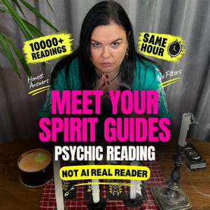 May include: A person in a teal top with dark hair behind a table with candles and tarot cards. Text reads: 10000+ READINGS, SAME HOUR, Honest Answers, No Filters, MEET YOUR SPIRIT GUIDES PSYCHIC READING, NOT AI REAL READER.