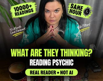 May include: A person in a teal shirt with white embroidery, hands pressed together, with text overlays: 10000+ READINGS, SAME HOUR, 12-Month Love Forecast, No Filters, WHAT ARE THEY THINKING? READING PSYCHIC, REAL READER • NOT AI.