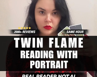 May include: A person with dark hair and red lipstick holds a deck of tarot cards. Text overlays read: 2000+ REVIEWS, SAME HOUR, TWIN FLAME READING WITH PORTRAIT, and REAL READER NOT AI. The person wears a red and black patterned top.