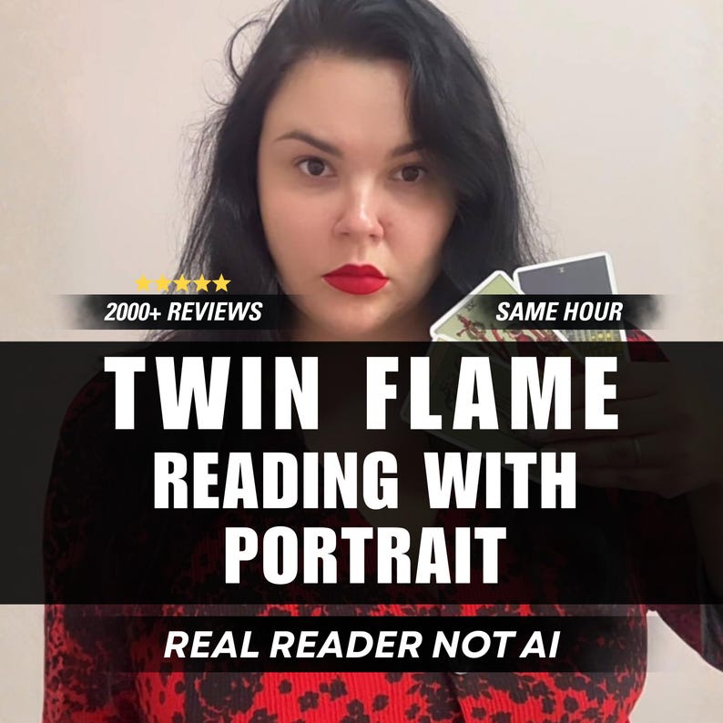 May include: A person with dark hair and red lipstick holds a deck of tarot cards. Text overlays read: 2000+ REVIEWS, SAME HOUR, TWIN FLAME READING WITH PORTRAIT, and REAL READER NOT AI. The person wears a red and black patterned top.