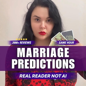 May include: A person holding three tarot cards, wearing a red and black patterned top. Text overlay reads: 2000+ REVIEWS, SAME HOUR, MARRIAGE PREDICTIONS, REAL READER NOT AI. The person has dark hair and red lipstick, presenting a service for tarot readings.
