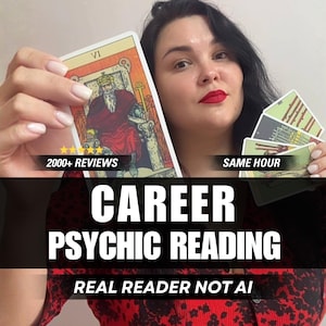 May include: A set of tarot cards featuring the Emperor card with the text 2000+ REVIEWS, SAME HOUR, CAREER PSYCHIC READING, and REAL READER NOT AI. The cards display detailed illustrations of a seated figure in a crown and red robes.