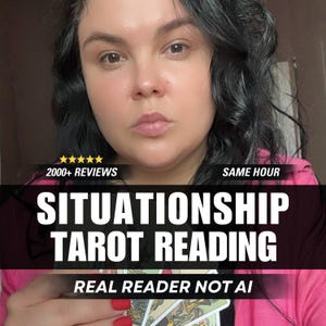 May include: A person with dark wavy hair wearing a bright pink top, holding a set of tarot cards. Text overlay reads: 2000+ REVIEWS, SAME HOUR, SITUATIONSHIP TAROT READING, REAL READER NOT AI. The person has red fingernails and a neutral facial expression.