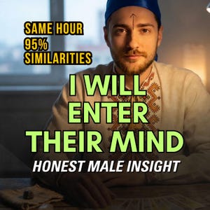 以下が含まれることがあります： 青い帽子と刺繍入りの白いシャツを着た男性の画像。画像には「SAME HOUR 95% SIMILARITIES」と「I WILL ENTER THEIR MIND HONEST MALE INSIGHT」というテキストが表示されています。