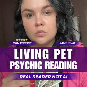 May include: A person with dark wavy hair wearing a pink top holds several tarot cards. Text overlays include 2000+ REVIEWS, SAME HOUR, LIVING PET PSYCHIC READING, and REAL READER NOT AI, with five yellow stars displayed above the review count.